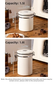 Close-up of 1.5L and 1.8L cream stainless steel coffee canisters with airtight metal latches
