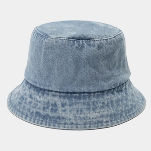 Unisex washed denim bucket hat in light blue with reinforced stitched brim for outdoors