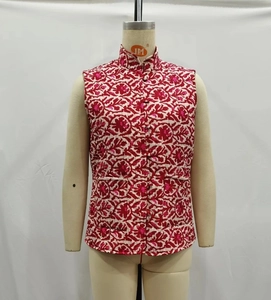 Close-up of Chinese style quilted vest with floral patterns and handmade knot buttons