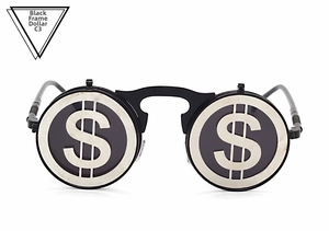 Detail of round punk steampunk flip-up sunglasses with silver dollar sign pattern