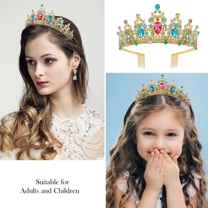 Detailed views of luxury crystal bridal crown with colorful rhinestones for women and girls