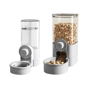 Automatic gravity pet feeder and water dispenser set for cats and dogs in white and grey