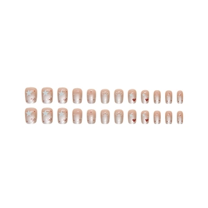 Cute press-on nails with red bow, heart and star patterns on shimmering nude base