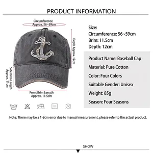 Cotton washed baseball cap with anchor embroidery and detailed size specifications