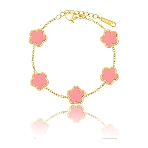 Close-up of gold stainless steel bracelet with five pink clover charms and lobster clasp