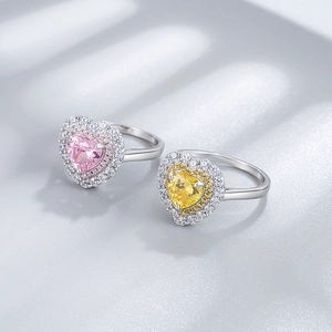 925 silver ring featuring heart-cut pink and yellow ice-crushed high carbon diamonds