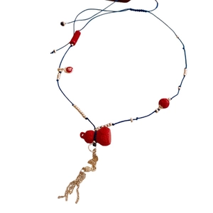 Traditional Chinese style cinnabar gourd pendant necklace with blue cord and golden tassels