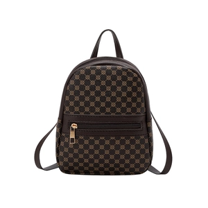Mini brown faux leather backpack with clover monogram pattern and front zip pocket