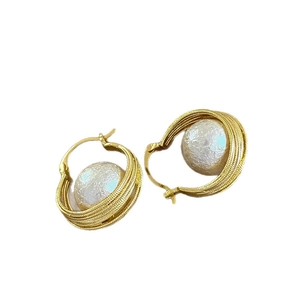 Elegant gold plated multi-layer floral earrings with textured pearls in French vintage style