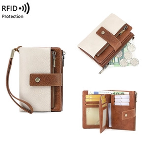 Portafoglio RFID corto con cinturino, pelle bianca e marrone, interno con vani carte