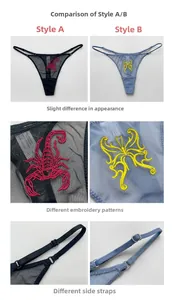 Detail of mesh thongs featuring pink scorpion and yellow butterfly embroidery with adjustable straps