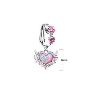 Detail of 12mm winged heart navel clip with pink opal stone and zircon accents