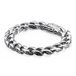 Men's retro stainless steel chain bracelet with vintage floral flame texture engraving