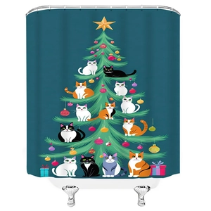 Tenda da doccia natalizia con albero di gatti e decorazioni festive in verde acqua