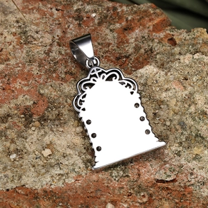 Silver angel portal pendant in titanium steel on a textured stone background