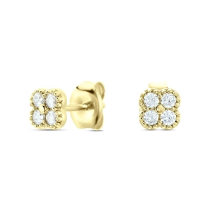 Macro shot of gold floral stud earrings featuring clear crystal petals and bead-edge detailing