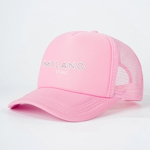 Pink MILANO ITALY foam trucker hat with breathable mesh back and curved brim design