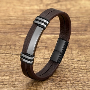 Men Braided Leather Bracelet With Stainless Steel Magnetic Clasp Punk Retro Geometric Metal Plate Jewelry Gift
