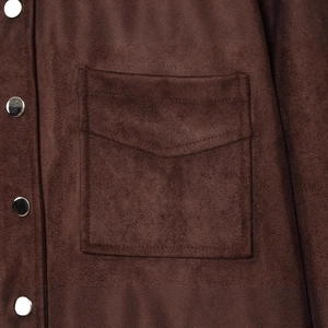 Women's dark brown faux suede jacket with cargo pocket and silver metal snap buttons
