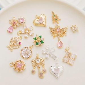 Heart Flower Butterfly Angel Wing Charms 14K Gold Plated Alloy Zircon Pendants For DIY Necklace Bracelet Making