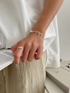 Detail of silver textured ring and clear beaded bracelet on hand with minimalist magazine