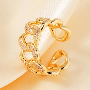 Elegant gold chain-style open ring with sparkling pavé zircon detailing on silk
