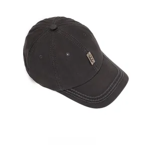 Top view of a washed cotton baseball cap in charcoal grey with vintage metal brand plaque