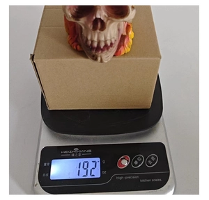 Detailed view of the 192g resin skull ornament on an electronic scale for weight check