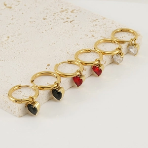 18K gold plated stainless steel hoop earrings set with heart-shaped zircon drops