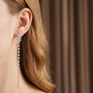 Silver needle zircon tassel earrings with wheat leaf design and square crystal fringe