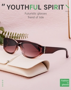 Detail of dark brown polarized sunglasses with gold metal accents on ivory leather case