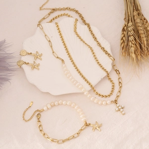 Natural Artificial Pearl Necklace Stainless Steel Cross Starfish Sunflower Pendant Gold Plated Jewelry Set For Women Boho Beach Style
