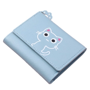 Cute light blue trifold women's wallet with white cat pattern and litchi texture