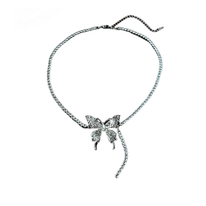 Elegant silver butterfly pendant necklace with sparkling rhinestones and beaded chain link