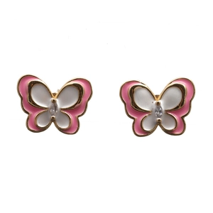 Pink and white enamel butterfly stud earrings with gold plating and zircon center