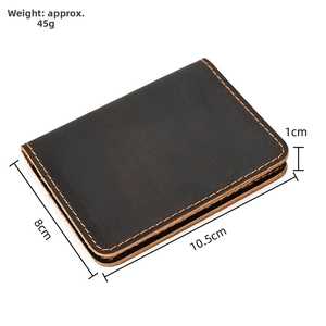 Compact crazy horse leather wallet with orange stitching and product dimensions
