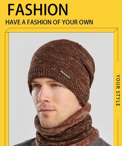 Detail of winter knitted beanie and neck warmer set with soft plush fleece lining