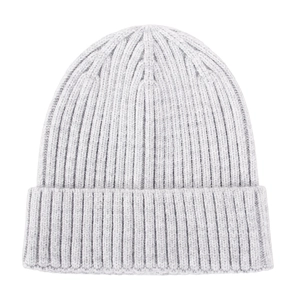 Close-up of light grey ribbed knit texture on newborn warm winter beanie with folded cuff