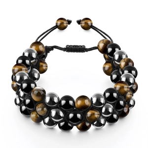 Double-layered braided bracelet with tiger eye beads and adjustable black rope closure