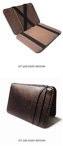 Detail view of ultra-thin dark brown PU leather magic wallet with elastic strap and card slots
