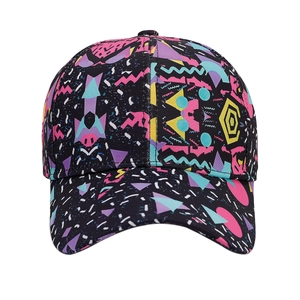 Vintage Memphis style graffiti baseball cap with vibrant geometric patterns on black