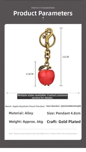Detail showing red apple keychain dimensions with gold plated alloy and size specs
