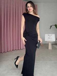 Elegant black one shoulder ruched maxi dress with slimming silhouette for women