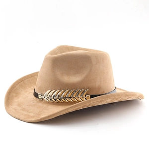 Camel felt fedora hat with leaf metal trim and black leather band for autumn winter