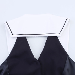 Detailed close-up of a contrast sailor collar with black piping on a sleeveless shirt