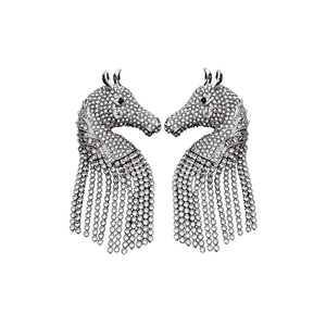 Silver horse tassel earrings with sparkling crystals for a vintage luxury jewelry look