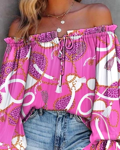 Detail of pink leopard and gold chain print off-the-shoulder top with drawstring