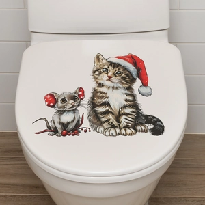 Festive Christmas cat and mouse toilet seat cover sticker for holiday bathroom decor