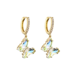 Golden crystal butterfly drop earrings with shimmering zircon hoop minimalist jewelry