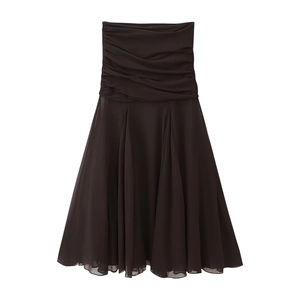 Deep brown translucent pleated chiffon dress with an A-line silhouette and waist detail